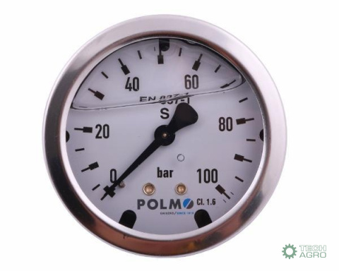Manometr glicerynowy M63 0-100 bar tylne przyłącze G1/4" POLMO Manometr glicerynowy M63 0-100 bar tylne przyłącze G1/4" POLMO