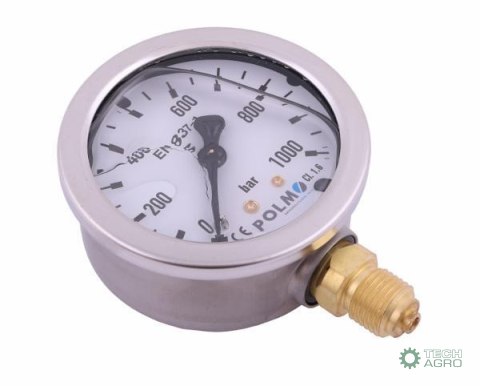 Manometr glicerynowy M63 0-1000 bar dolne przyłącze G1/4" POLMO Manometr glicerynowy M63 0-1000 bar dolne przyłącze G1/4" POLMO