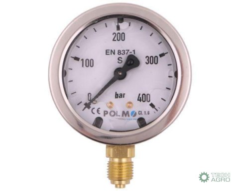Manometr glicerynowy M63 0-400 bar dolne przyłącze G1/4" POLMO Manometr glicerynowy M63 0-400 bar dolne przyłącze G1/4" POLMO