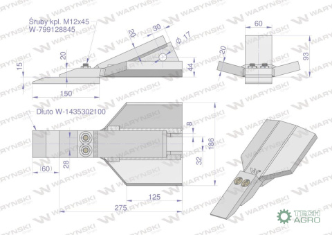 Dłuto dziób redlica kpl. głębosza skręcana zastosowanie Unia Kret stal borowa WARYŃSKI