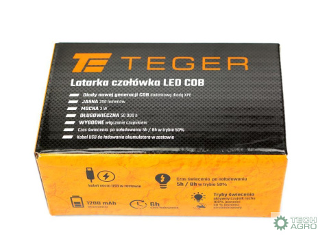 Latarka czołówka LED COB 200 Lm z czujnikiem ruchu USB Teger Latarka czołówka LED COB 200 Lm z czujnikiem ruchu USB Teger
