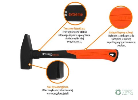 Młotek ślusarski z trzonkiem fiberglass 1000 g Extreme / TEGER Młotek ślusarski z trzonkiem fiberglass 1000 g Extreme / TEGER