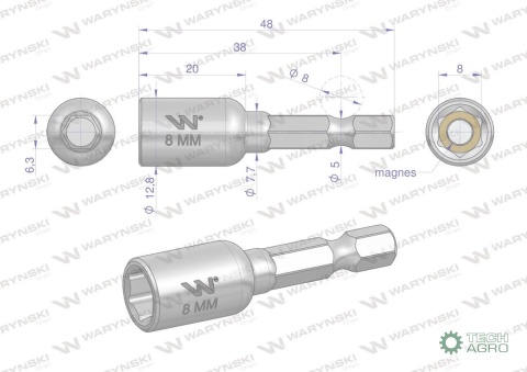 Nasadka 8mm z uchwytem narzędziowym do wkretarki długość 48 mm Waryński Nasadka 8mm z uchwytem narzędziowym do wkretarki długość 48 mm Waryński