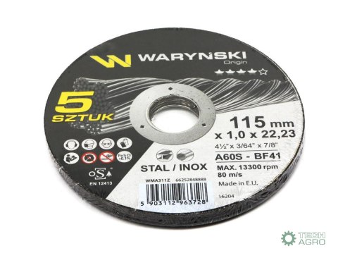 Tarcza do cięcia metalu 115 x1.0 x22.23 mm Waryński (sprzedawana po 5 szt w op.5 szt) Tarcza do cięcia metalu 115 x1.0 x22.23 mm Waryński (sprzedawana po 5 szt w op.5 szt)