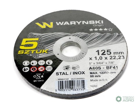 Tarcza do cięcia metalu 125 x1.0 x22.23 mm Waryński (sprzedawane po 5 szt w op 5 szt) Tarcza do cięcia metalu 125 x1.0 x22.23 mm Waryński (sprzedawane po 5 szt w op 5 szt)