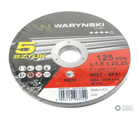 Tarcza do cięcia metalu i inoxu 125 x1. 0 x22.23 mm Waryński (sprzedawane po 5 szt po 5 szt) Tarcza do cięcia metalu i inoxu 125 x1. 0 x22.23 mm Waryński (sprzedawane po 5 szt po 5 szt)