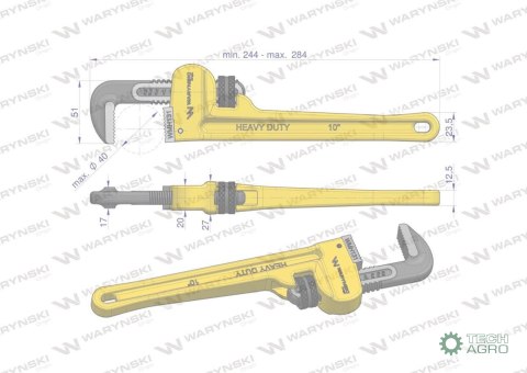 Klucz do rur typ amerykański 10" wzmocniony szczęki CrMo max średnica 40 mm Waryński Klucz do rur typ amerykański 10" wzmocniony szczęki CrMo max średnica 40 mm Waryński