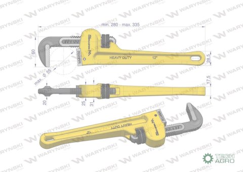 Klucz do rur typ amerykański 12" wzmocniony szczęki CrMo max średnica 55 mm Waryński Klucz do rur typ amerykański 12" wzmocniony szczęki CrMo max średnica 55 mm Waryński