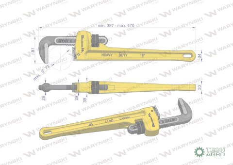 Klucz do rur typ amerykański 18" wzmocniony szczęki CrMo max średnica 73 mm Waryński Klucz do rur typ amerykański 18" wzmocniony szczęki CrMo max średnica 73 mm Waryński