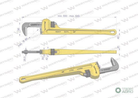 Klucz do rur typ amerykański 24" wzmocniony szczęki CrMo max średnica 90 mm Waryński Klucz do rur typ amerykański 24" wzmocniony szczęki CrMo max średnica 90 mm Waryński