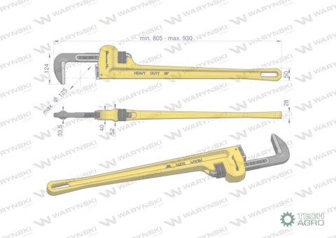Klucz do rur typ amerykański 36" wzmocniony szczęki CrMo max średnica 125 mm Waryński Klucz do rur typ amerykański 36" wzmocniony szczęki CrMo max średnica 125 mm Waryński