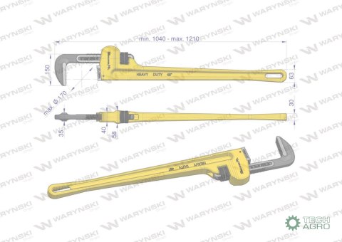 Klucz do rur typ amerykański 48" wzmocniony szczęki CrMo max średnica 170 mm Waryński Klucz do rur typ amerykański 48" wzmocniony szczęki CrMo max średnica 170 mm Waryński