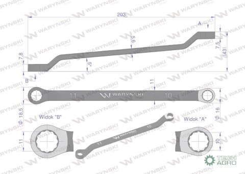 Klucz oczkowy odsadzony 10 x 11 mm. CrV standard ASME B107.9 Waryński Klucz oczkowy odsadzony 10 x 11 mm. CrV standard ASME B107.9 Waryński