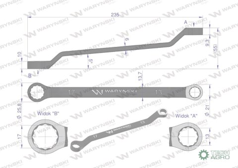 Klucz oczkowy odsadzony 13 x 17 mm. CrV standard ASME B107.9 Waryński Klucz oczkowy odsadzony 13 x 17 mm. CrV standard ASME B107.9 Waryński