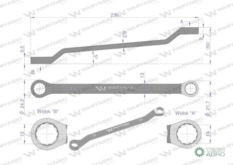 Klucz oczkowy odsadzony 14 x 15 mm. CrV standard ASME B107.9 Waryński Klucz oczkowy odsadzony 14 x 15 mm. CrV standard ASME B107.9 Waryński