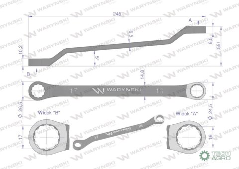 Klucz oczkowy odsadzony 16 x 17 mm. CrV standard ASME B107.9 Waryński Klucz oczkowy odsadzony 16 x 17 mm. CrV standard ASME B107.9 Waryński