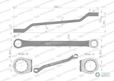 Klucz oczkowy odsadzony 17 x 19 mm. CrV standard ASME B107.9 Waryński Klucz oczkowy odsadzony 17 x 19 mm. CrV standard ASME B107.9 Waryński