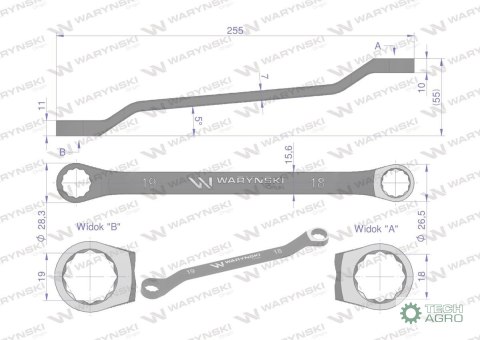 Klucz oczkowy odsadzony 18 x 19 mm. CrV standard ASME B107.9 Waryński Klucz oczkowy odsadzony 18 x 19 mm. CrV standard ASME B107.9 Waryński