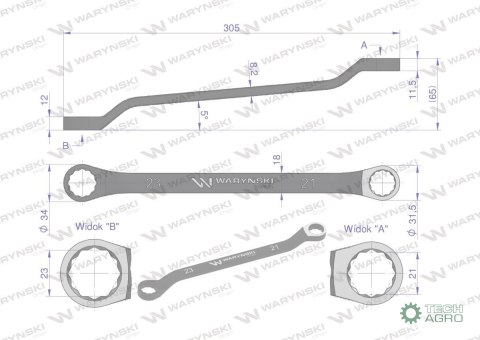 Klucz oczkowy odsadzony 21 x 23 mm. CrV standard ASME B107.9 Waryński Klucz oczkowy odsadzony 21 x 23 mm. CrV standard ASME B107.9 Waryński