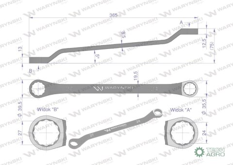 Klucz oczkowy odsadzony 24 x 27 mm. CrV standard ASME B107.9 Waryński Klucz oczkowy odsadzony 24 x 27 mm. CrV standard ASME B107.9 Waryński