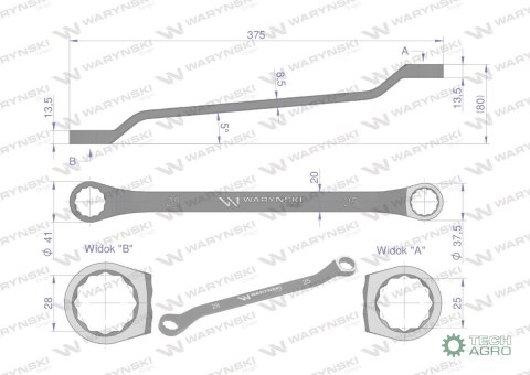 Klucz oczkowy odsadzony 25 x 28 mm. CrV standard ASME B107.9 Waryński Klucz oczkowy odsadzony 25 x 28 mm. CrV standard ASME B107.9 Waryński