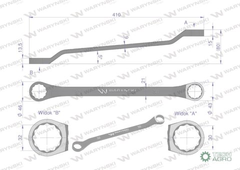 Klucz oczkowy odsadzony 30 x 32 mm. CrV standard ASME B107.9 Waryński Klucz oczkowy odsadzony 30 x 32 mm. CrV standard ASME B107.9 Waryński