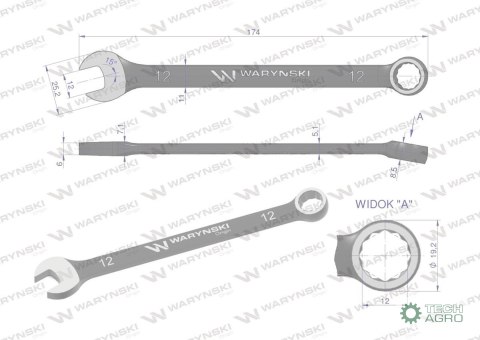 Klucz płasko-oczkowy 12 mm. CrV standa rd ASME B107-2010 Waryński Klucz płasko-oczkowy 12 mm. CrV standa rd ASME B107-2010 Waryński