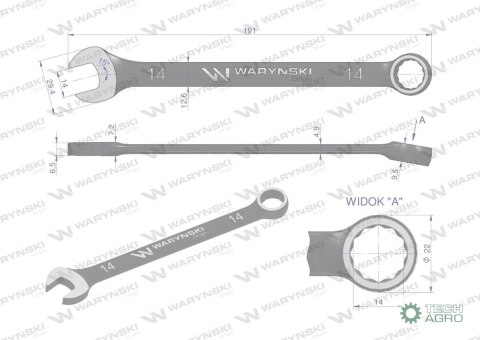 Klucz płasko-oczkowy 14 mm. CrV standa rd ASME B107-2010 Waryński Klucz płasko-oczkowy 14 mm. CrV standa rd ASME B107-2010 Waryński
