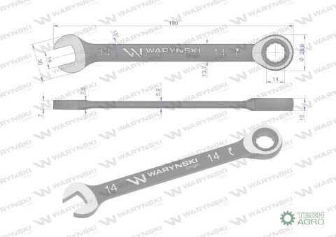 Klucz płasko-oczkowy 14 mm z grzechotką 72 zęby standard ASME B107-2010 Waryński Klucz płasko-oczkowy 14 mm z grzechotką 72 zęby standard ASME B107-2010 Waryński