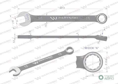 Klucz płasko-oczkowy 15 mm. CrV standa rd ASME B107-2010 Waryński Klucz płasko-oczkowy 15 mm. CrV standa rd ASME B107-2010 Waryński