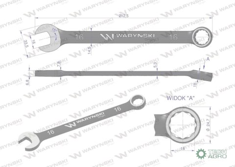 Klucz płasko-oczkowy 16 mm. CrV standar d ASME B107-2010 Waryński Klucz płasko-oczkowy 16 mm. CrV standar d ASME B107-2010 Waryński