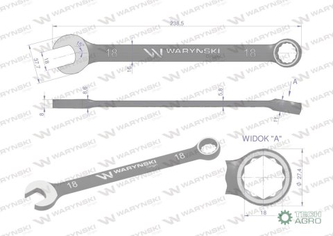 Klucz płasko-oczkowy 18 mm. CrV standa rd ASME B107-2010 Waryński Klucz płasko-oczkowy 18 mm. CrV standa rd ASME B107-2010 Waryński