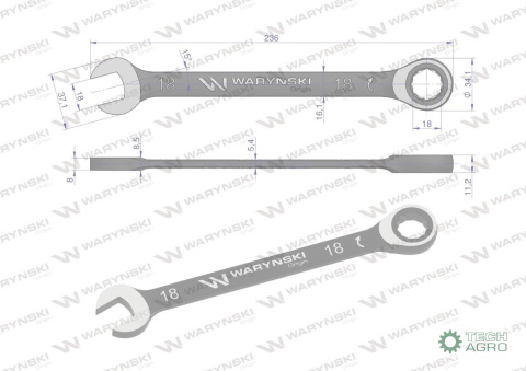 Klucz płasko-oczkowy 18 mm z grzechotką 72 zęby standard ASME B107-2010 Waryński Klucz płasko-oczkowy 18 mm z grzechotką 72 zęby standard ASME B107-2010 Waryński
