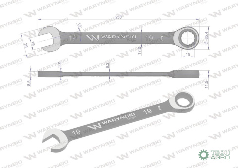 Klucz płasko-oczkowy 19 mm z grzechotką 72 zęby standard ASME B107-2010 Waryński Klucz płasko-oczkowy 19 mm z grzechotką 72 zęby standard ASME B107-2010 Waryński