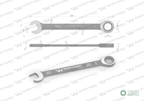 Klucz płasko-oczkowy 20 mm z grzechotką 72 zęby standard ASME B107-2010 Waryński Klucz płasko-oczkowy 20 mm z grzechotką 72 zęby standard ASME B107-2010 Waryński