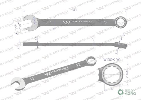 Klucz płasko-oczkowy 22 mm. CrV standa rd ASME B107-2010 Waryński Klucz płasko-oczkowy 22 mm. CrV standa rd ASME B107-2010 Waryński
