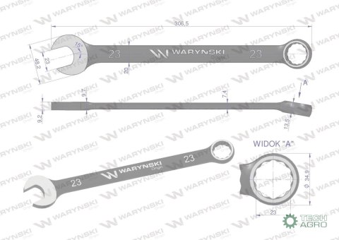 Klucz płasko-oczkowy 23 mm. CrV standar d ASME B107-2010 Waryński Klucz płasko-oczkowy 23 mm. CrV standar d ASME B107-2010 Waryński