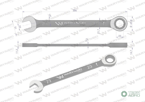 Klucz płasko-oczkowy 23 mm z grzechotką 72 zęby standard ASME B107-2010 Waryński Klucz płasko-oczkowy 23 mm z grzechotką 72 zęby standard ASME B107-2010 Waryński
