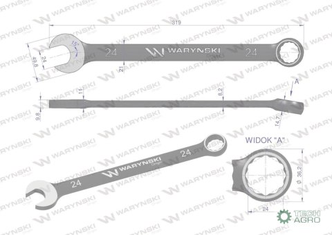 Klucz płasko-oczkowy 24 mm. CrV standa rd ASME B107-2010 Waryński Klucz płasko-oczkowy 24 mm. CrV standa rd ASME B107-2010 Waryński