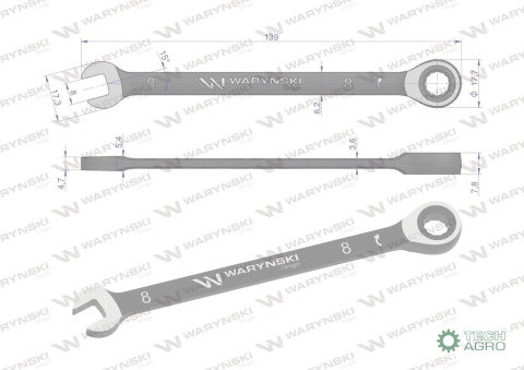 Klucz płasko-oczkowy 8 mm z grzechotką 72 zęby standard ASME B107-2010 Waryński Klucz płasko-oczkowy 8 mm z grzechotką 72 zęby standard ASME B107-2010 Waryński