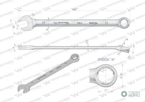 Klucz płaskooczkowy extra długi 17mm dł 262mm standard ASME B107.9M Waryński Klucz płaskooczkowy extra długi 17mm dł 262mm standard ASME B107.9M Waryński