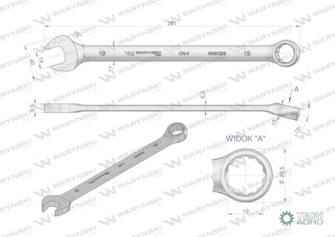 Klucz płaskooczkowy extra długi 19mm dł 281mm standard ASME B107.9M Waryński Klucz płaskooczkowy extra długi 19mm dł 281mm standard ASME B107.9M Waryński