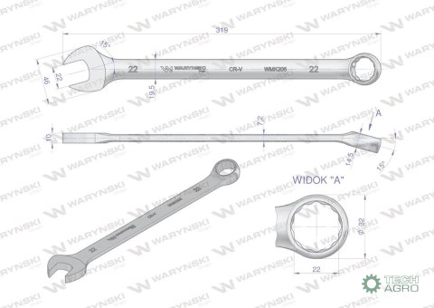 Klucz płaskooczkowy extra długi 22mm dł 319mm standard ASME B107.9M Waryński Klucz płaskooczkowy extra długi 22mm dł 319mm standard ASME B107.9M Waryński