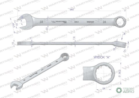 Klucz płaskooczkowy extra długi 24mm dł 339mm standard ASME B107.9M Waryński Klucz płaskooczkowy extra długi 24mm dł 339mm standard ASME B107.9M Waryński