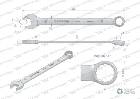 Klucz płaskooczkowy extra długi 27mm dł 388mm standard ASME B107.9M Waryński Klucz płaskooczkowy extra długi 27mm dł 388mm standard ASME B107.9M Waryński