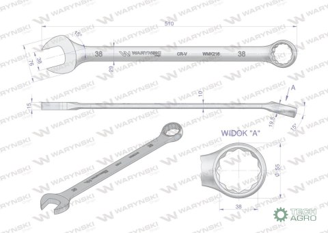 Klucz płaskooczkowy extra długi 38mm dł 510mm standard ASME B107.9M Waryński Klucz płaskooczkowy extra długi 38mm dł 510mm standard ASME B107.9M Waryński