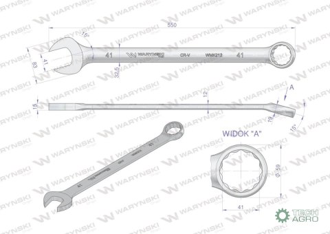 Klucz płaskooczkowy extra długi 41mm dł 550mm standard ASME B107.9M Waryński Klucz płaskooczkowy extra długi 41mm dł 550mm standard ASME B107.9M Waryński