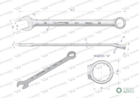 Klucz płaskooczkowy extra długi 46mm dł 613mm standard ASME B107.9M Waryński Klucz płaskooczkowy extra długi 46mm dł 613mm standard ASME B107.9M Waryński