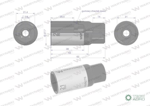 "Nasadka do świec 3/8"". 21 mm. CrV50BV 0. DIN 3124. Waryński "Nasadka do świec 3/8"". 21 mm. CrV50BV 0. DIN 3124. Waryński