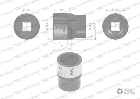 "Nasadka dwunastokątna 1/4"". 14 mm. CrV 0BV30. DIN 3124. Waryński "Nasadka dwunastokątna 1/4"". 14 mm. CrV 0BV30. DIN 3124. Waryński